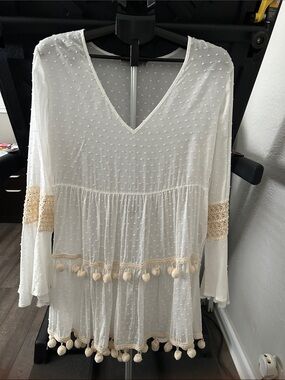 Solitaire White Sheer V-Neck Swim Coverup with Cream Pom Trim
